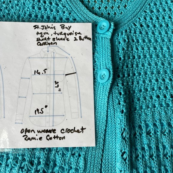St Johns Bay Aqua Turquoise Cotton Ramie Pointelle Open Weave Cardigan L - Picture 8 of 8